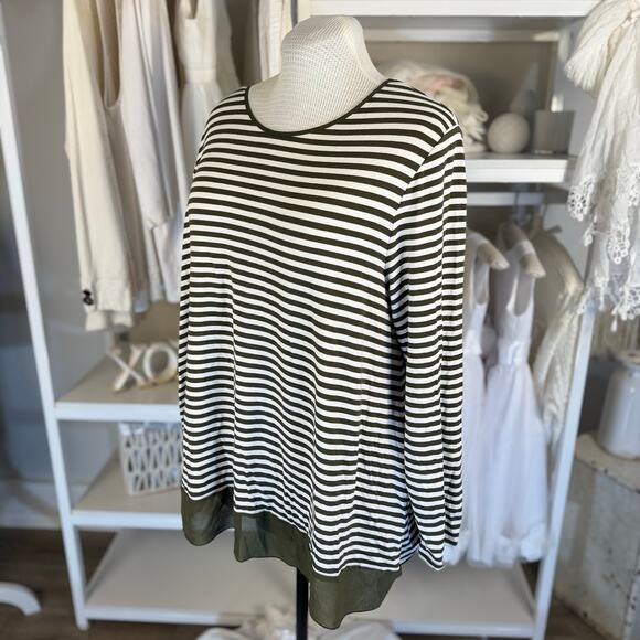 Chico's Women's Size L Olive Green & White Striped Long Sleeve Blouse #3502 - Picture 4 of 8